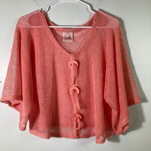 Womens Noelle Mesh‎ Sequin Retro BohoTop Cover Short Sleeve Cropped Peach OS